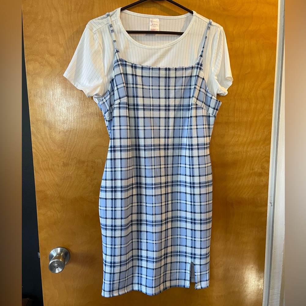 Blue Plaid Dress with White Tee